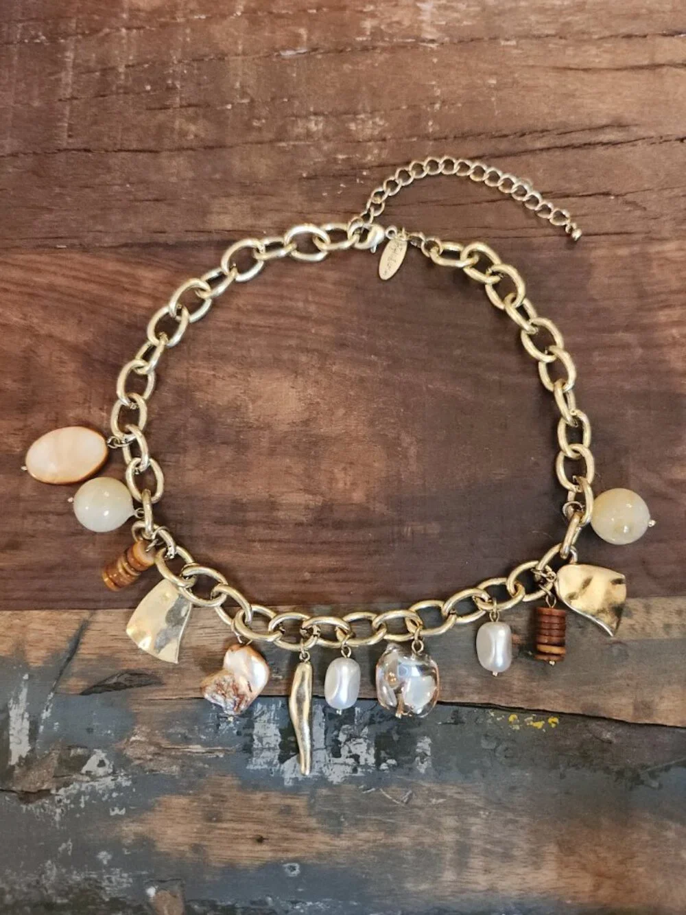 Vintage Coastal Boho Gold Chain Charm Necklace Shell Pearl Wood